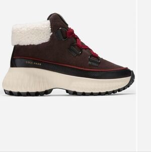 Cole Haan Brown Suede Platform Hiker with Cream Shearling and Red Laces